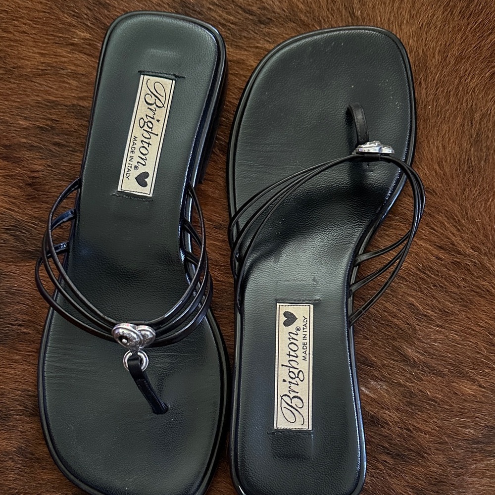 Brighton Black Strappy Leather Toe-Post Sandals with Silver Heart Accent
